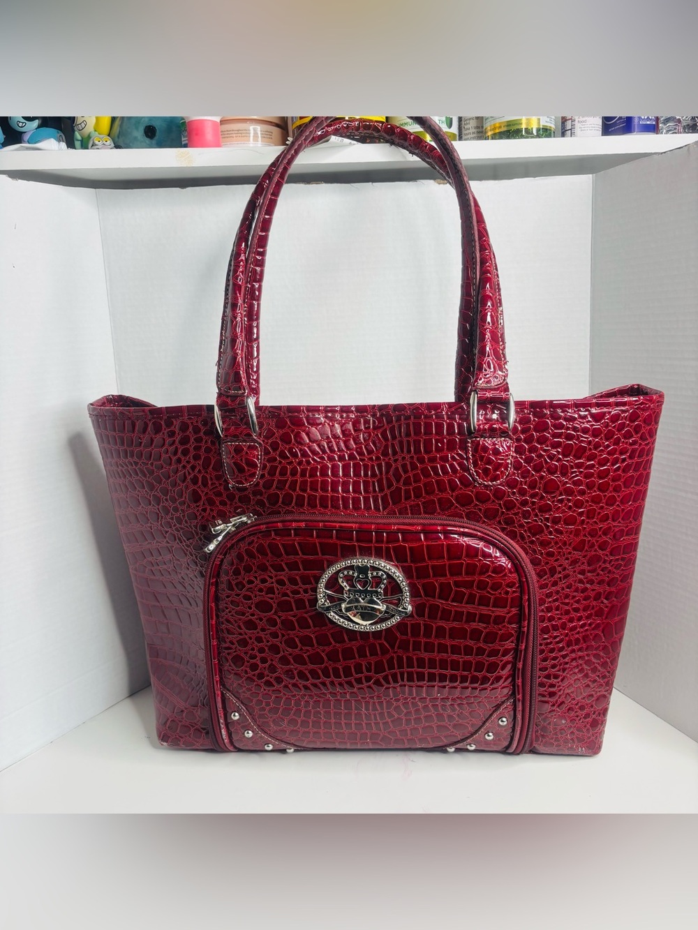 Kathy Van Zeeland Burgundy Croc-Embossed Tote with Front Zip Pocket